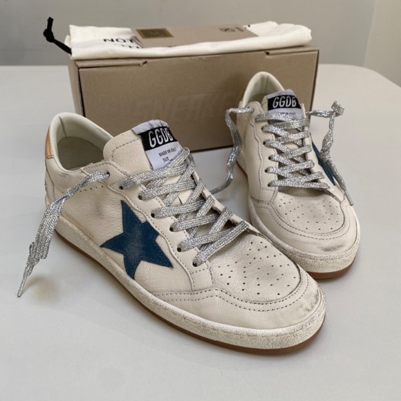 Golden Goose Ball Star White Leather/Smoke Blue/Metallic Heel sz 37 New in Box - Picture 10 of 12